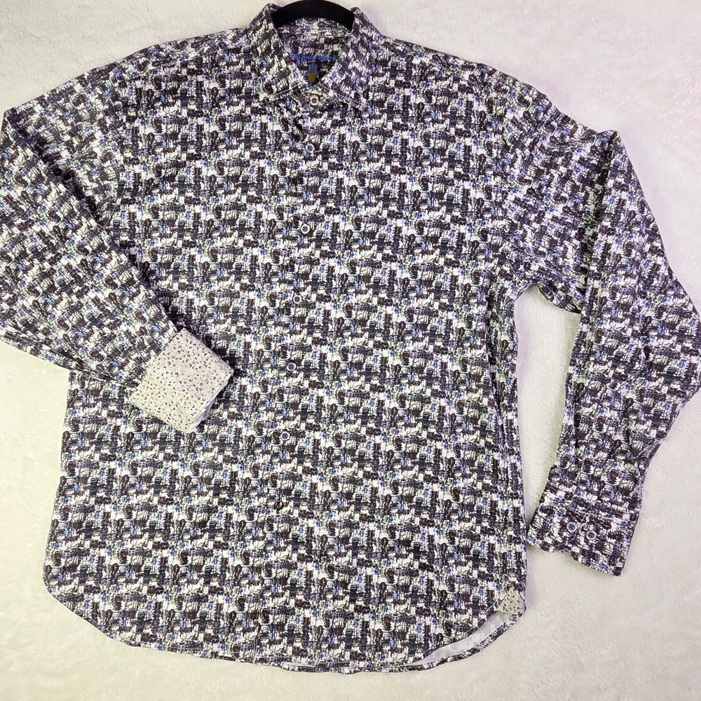 Luchiano Visconti Mens Large Abstract Geometric Button‎ Down Shirt Blue Gray L